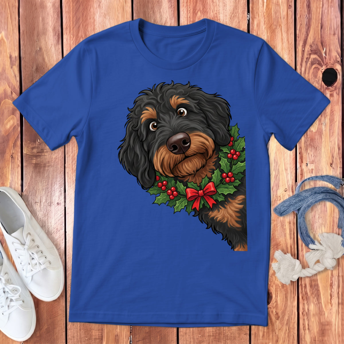 Blue t-shirt featuring a dog with a holly wreath and red bow.