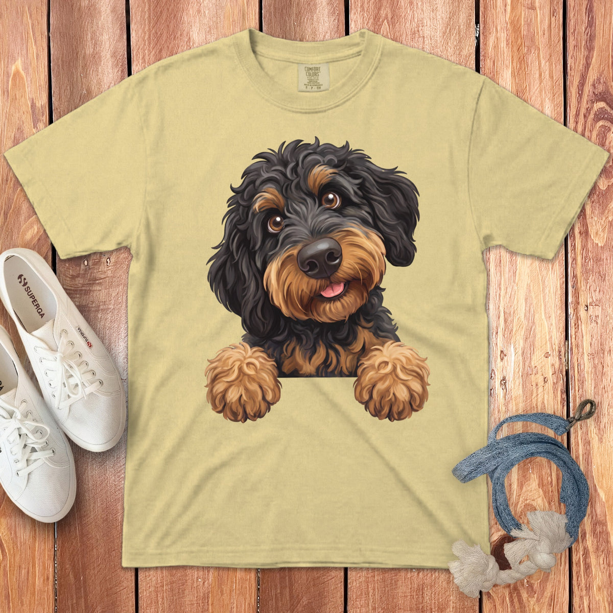 T-shirt with black and tan doodle dog illustration, white sneakers, and rope toy.