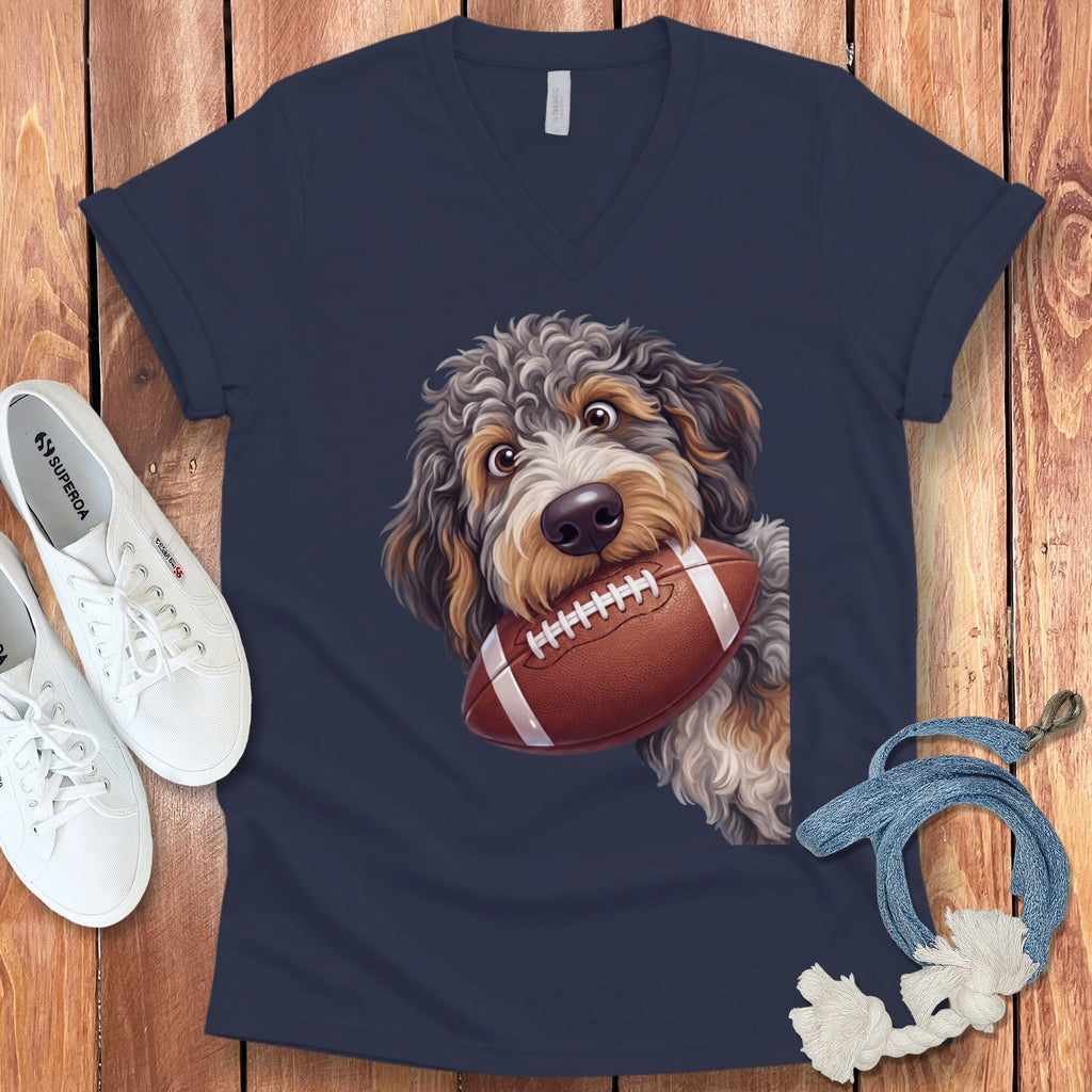 Aussiedoodle Football V-Neck T-Shirt in Navy / S by Puppy Jo