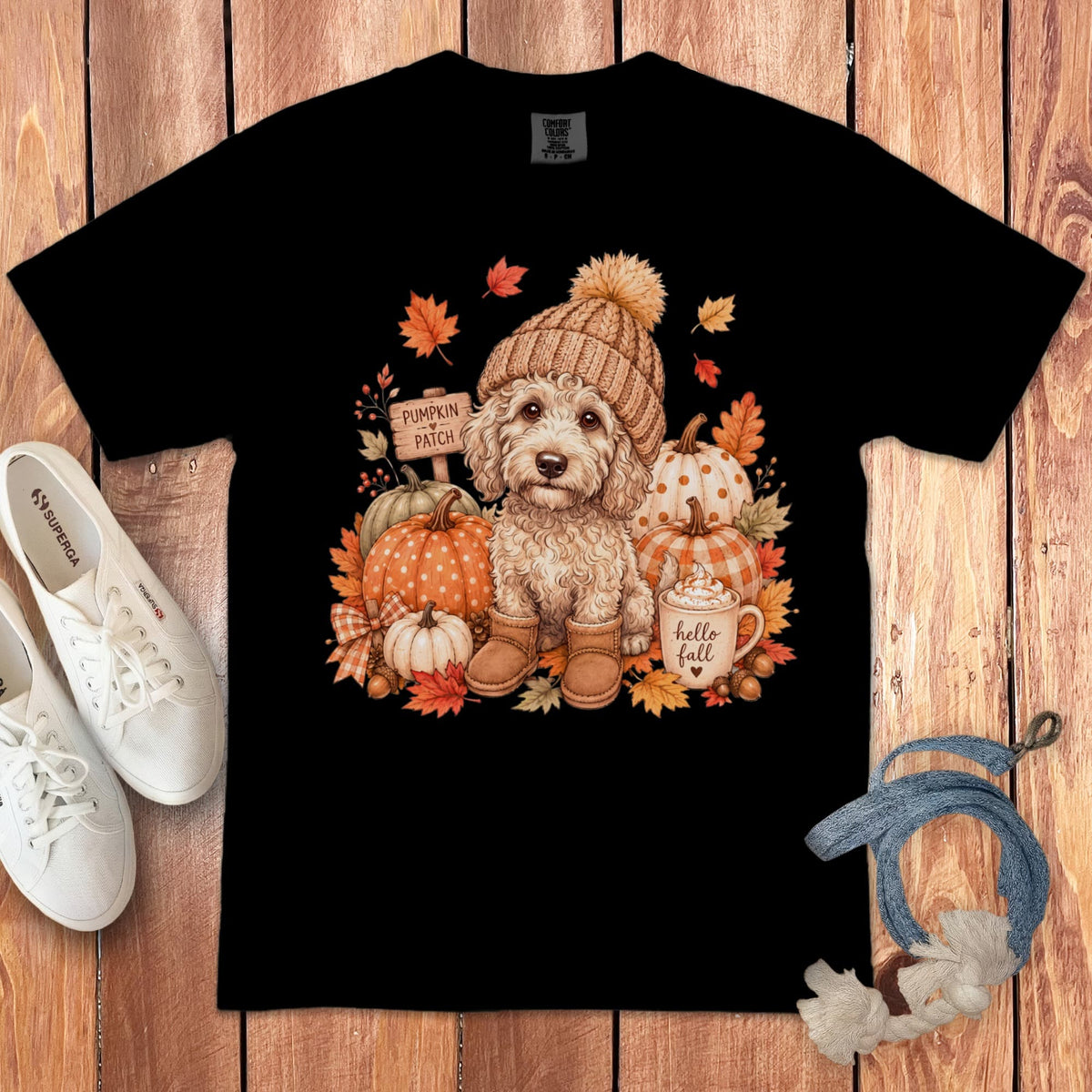 Cream Goldendoodle Pumpkin Patch Signature T-Shirt in Black / S by Puppy Jo