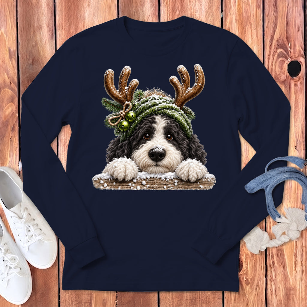 Bernedoodle wearing a snow-covered reindeer hat with bells on a navy shirt.