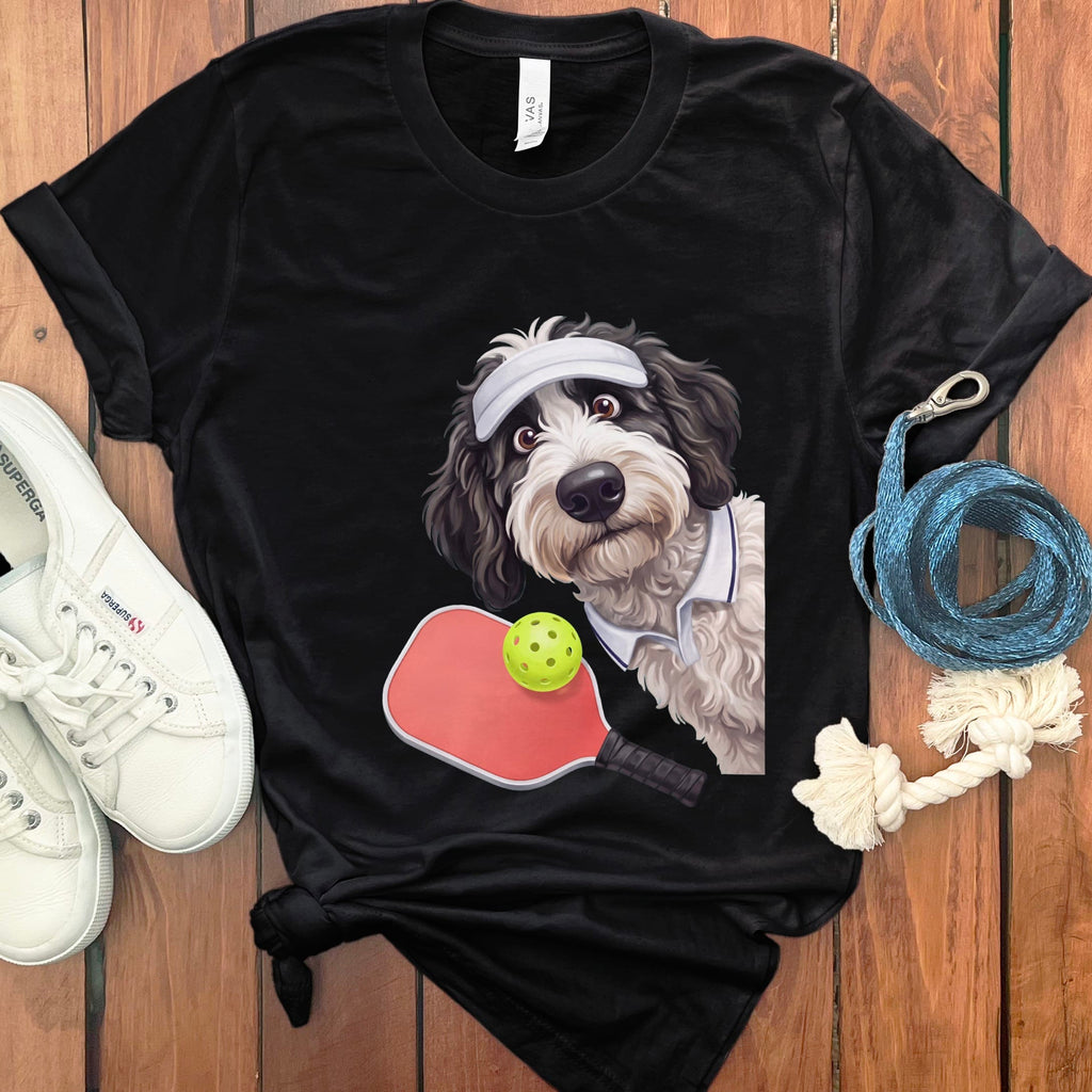Sheepadoodle Pickleball Player T-Shirt in Black / S by Puppy Jo