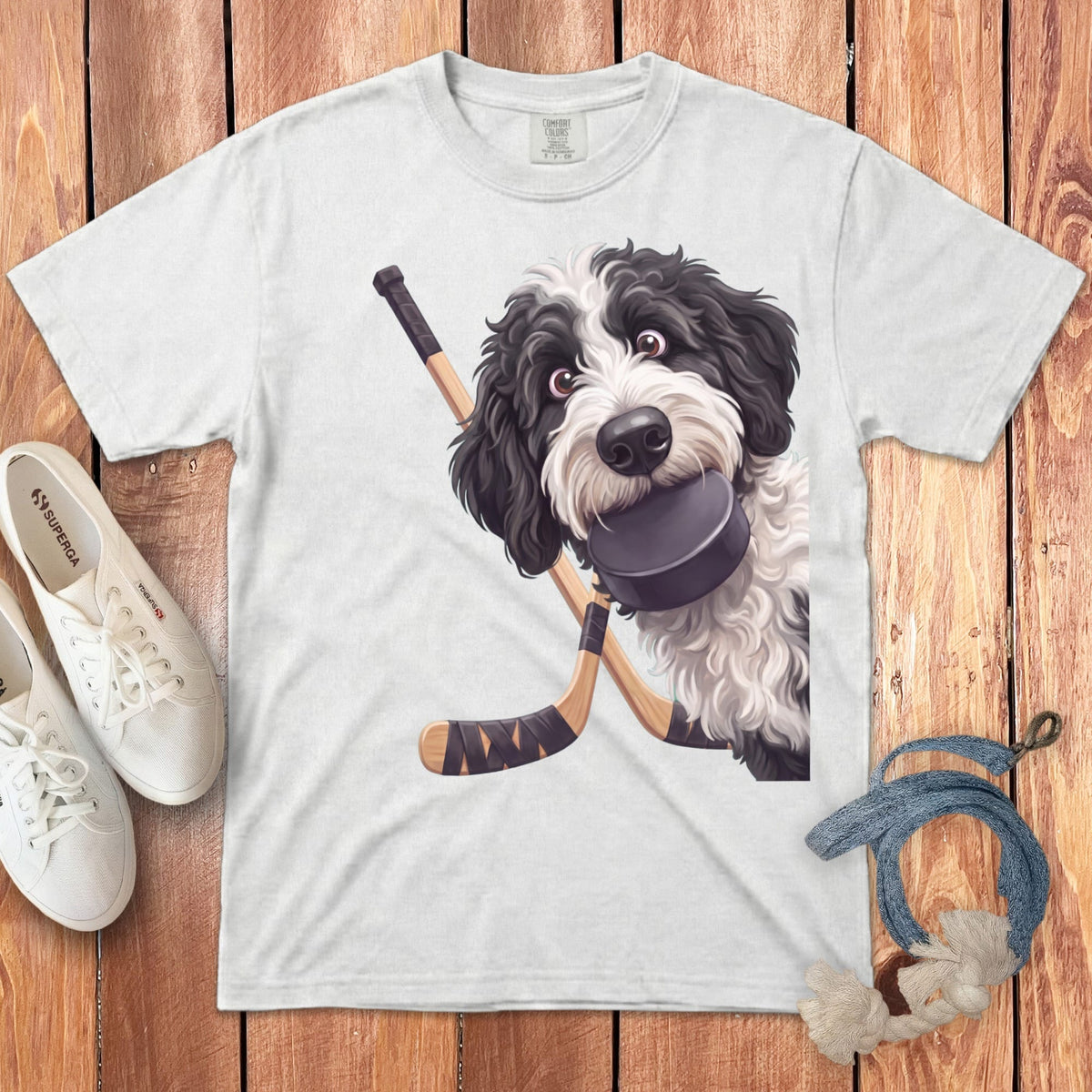 Sheepadoodle Hockey Signature T-Shirt in White / S by Puppy Jo
