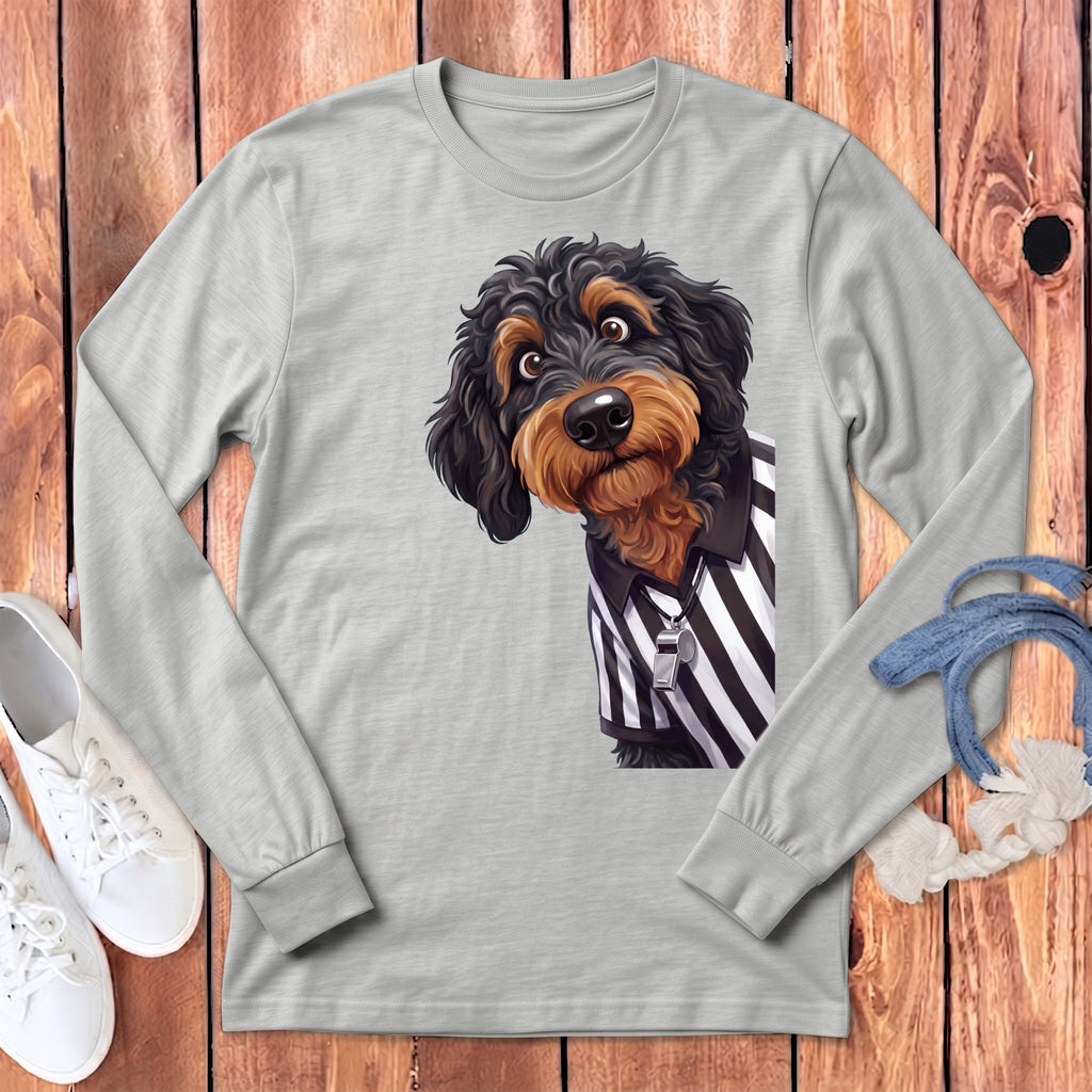 Light gray long-sleeve shirt with a cartoon dog referee graphic and a whistle.