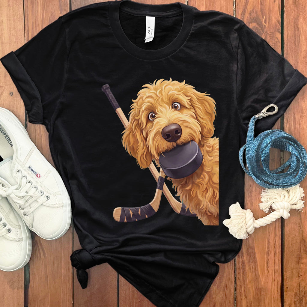 Golden Goldendoodle Hockey T-Shirt in Black / S by Puppy Jo