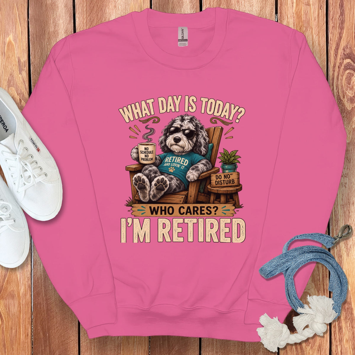 I'm Retired Merle Goldendoodle Sweatshirt in Heliconia / S by Puppy Jo