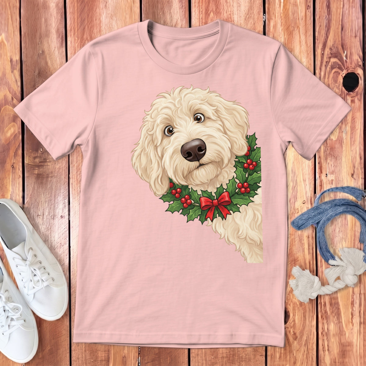 Light pink t-shirt with illustration of a fluffy dog wearing a holly wreath and red bow.