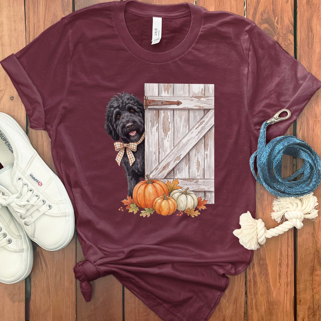 Black Goldendoodle Barn Peeking T-Shirt in Maroon / S by Puppy Jo