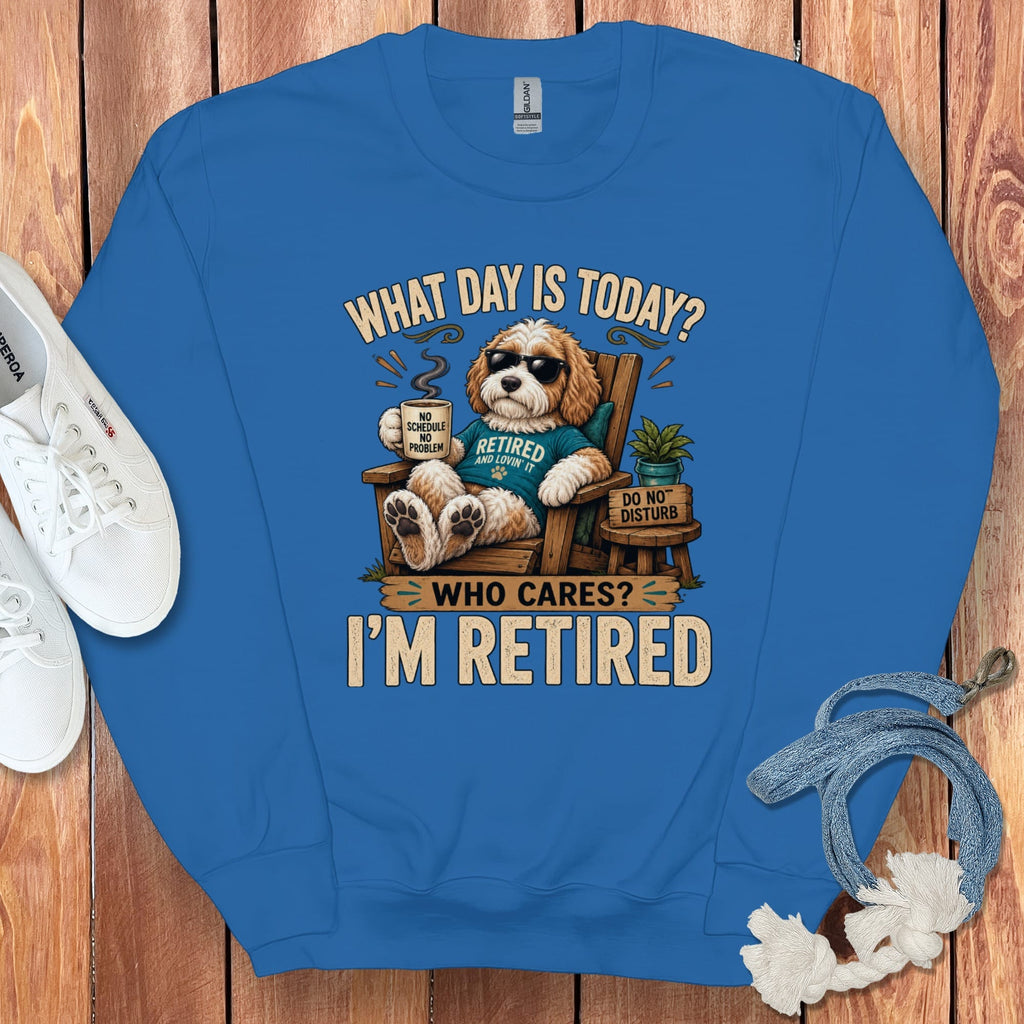 I'm Retired Parti Goldendoodle Sweatshirt in Royal / S by Puppy Jo