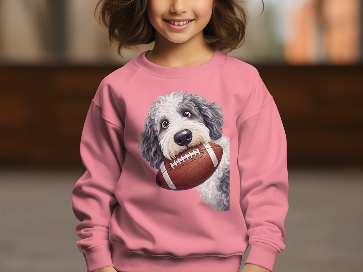 Pink sweatshirt with cartoon dog holding a football on front.