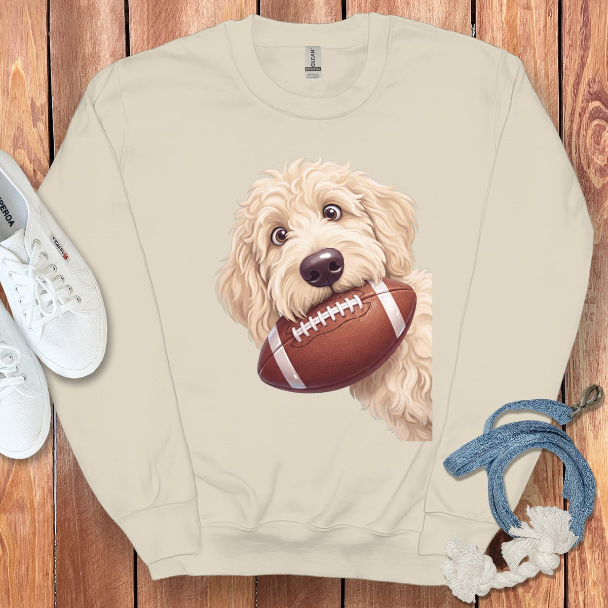 Cream Goldendoodle Football Sweatshirt in Sand / S by Puppy Jo