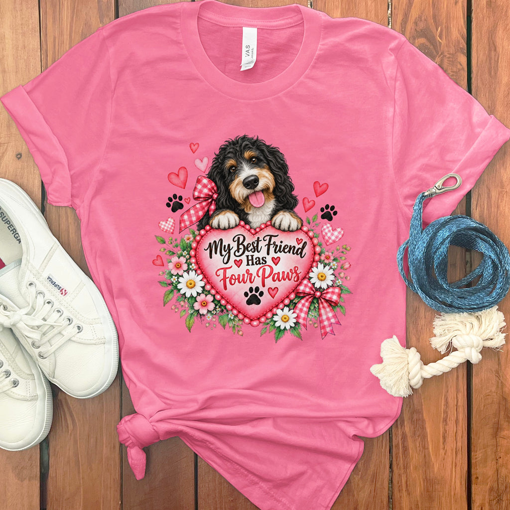 A pink t-shirt featuring a bernedoodle graphic, heart text reading My Best Friend Has Four Paws, white sneakers, and a blue leash.