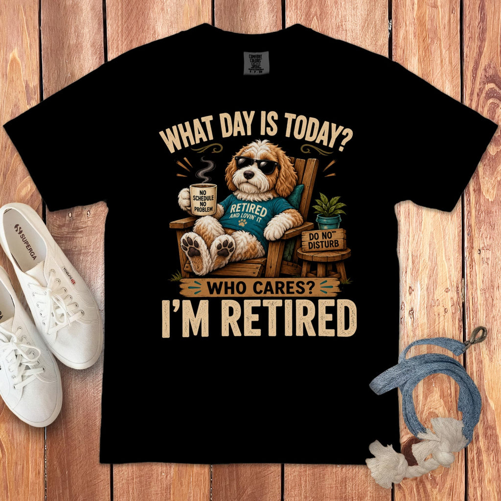 I'm Retired Parti Goldendoodle Signature T-Shirt in Black / S by Puppy Jo