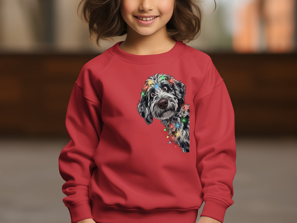 Red crewneck sweatshirt with a black and white dog wearing colorful Christmas lights.