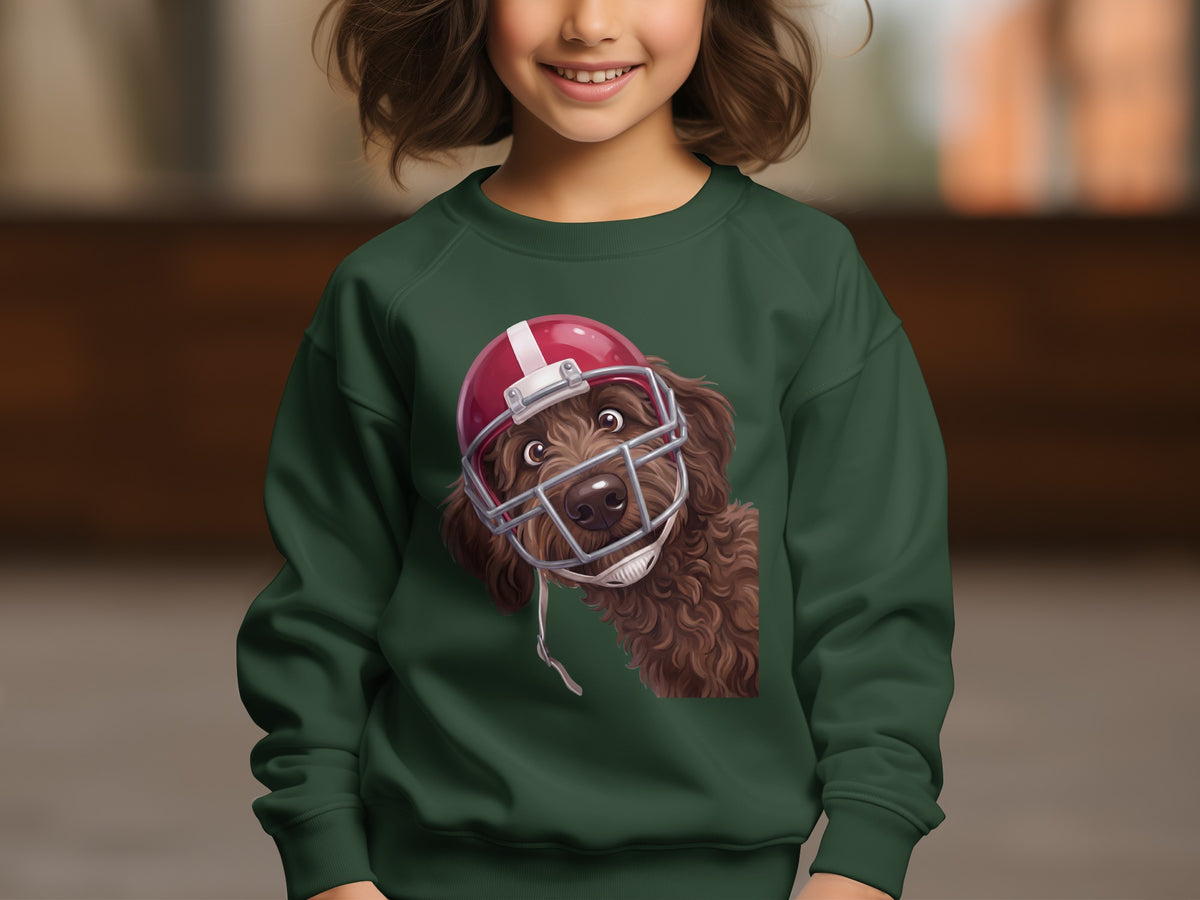 Green sweatshirt with a drawing of a brown dog wearing a red football helmet.