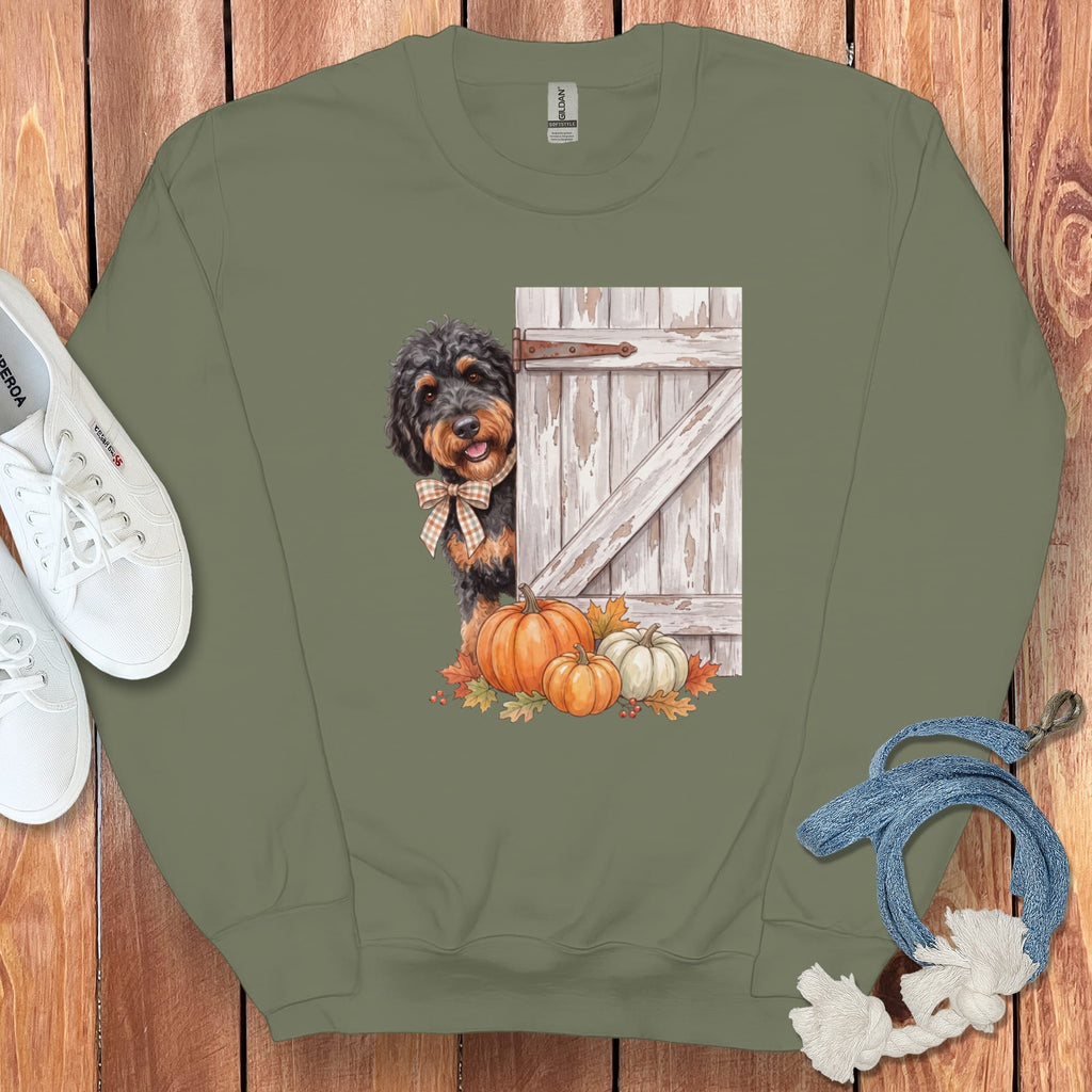 Phantom Goldendoodle Barn Peeking Sweatshirt in Military Green / S by Puppy Jo