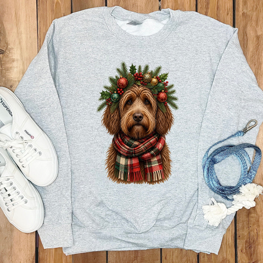Chocolate Goldendoodle Holiday Crown Sweatshirt in Sport Grey / S by Puppy Jo