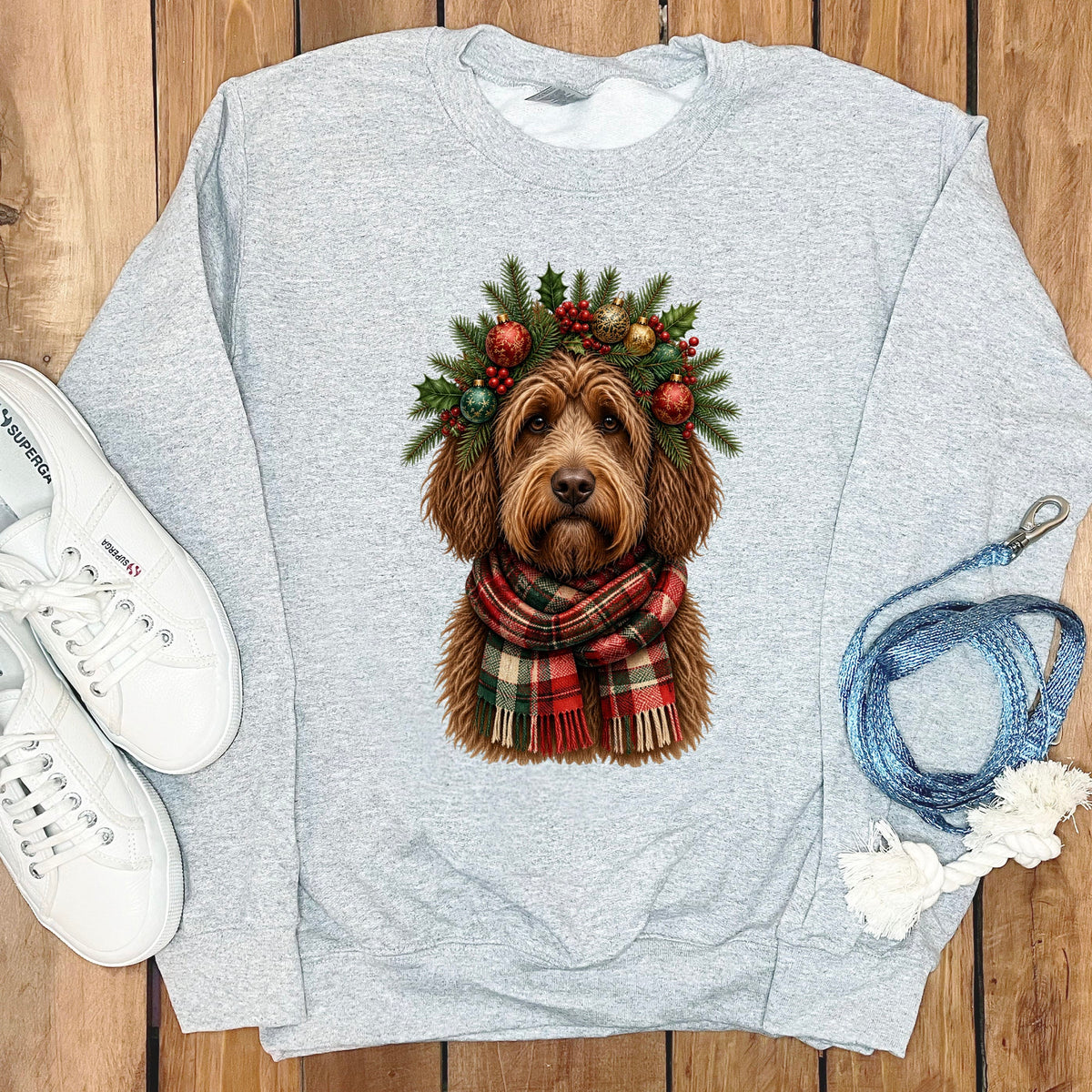 Chocolate Goldendoodle Holiday Crown Sweatshirt in Sport Grey / S by Puppy Jo