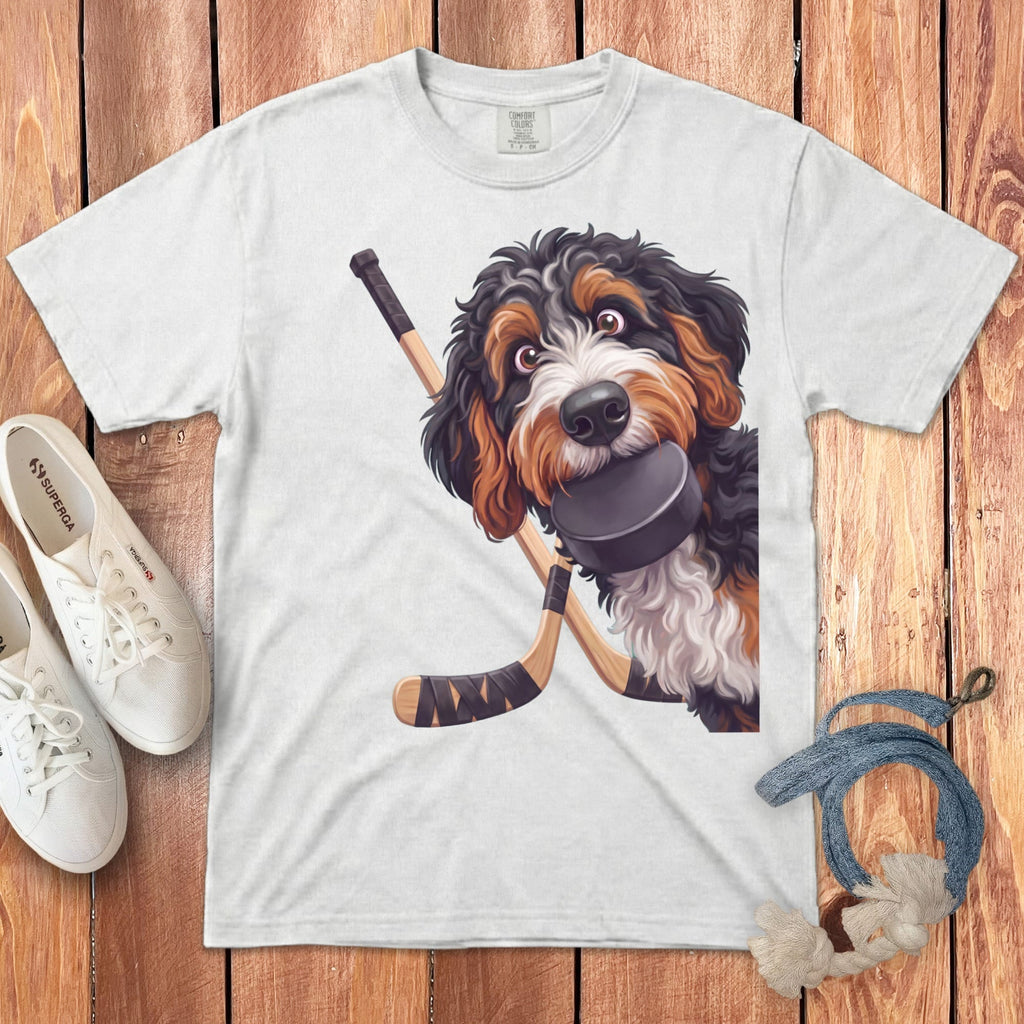 Bernedoodle Hockey Signature T-Shirt in White / S by Puppy Jo