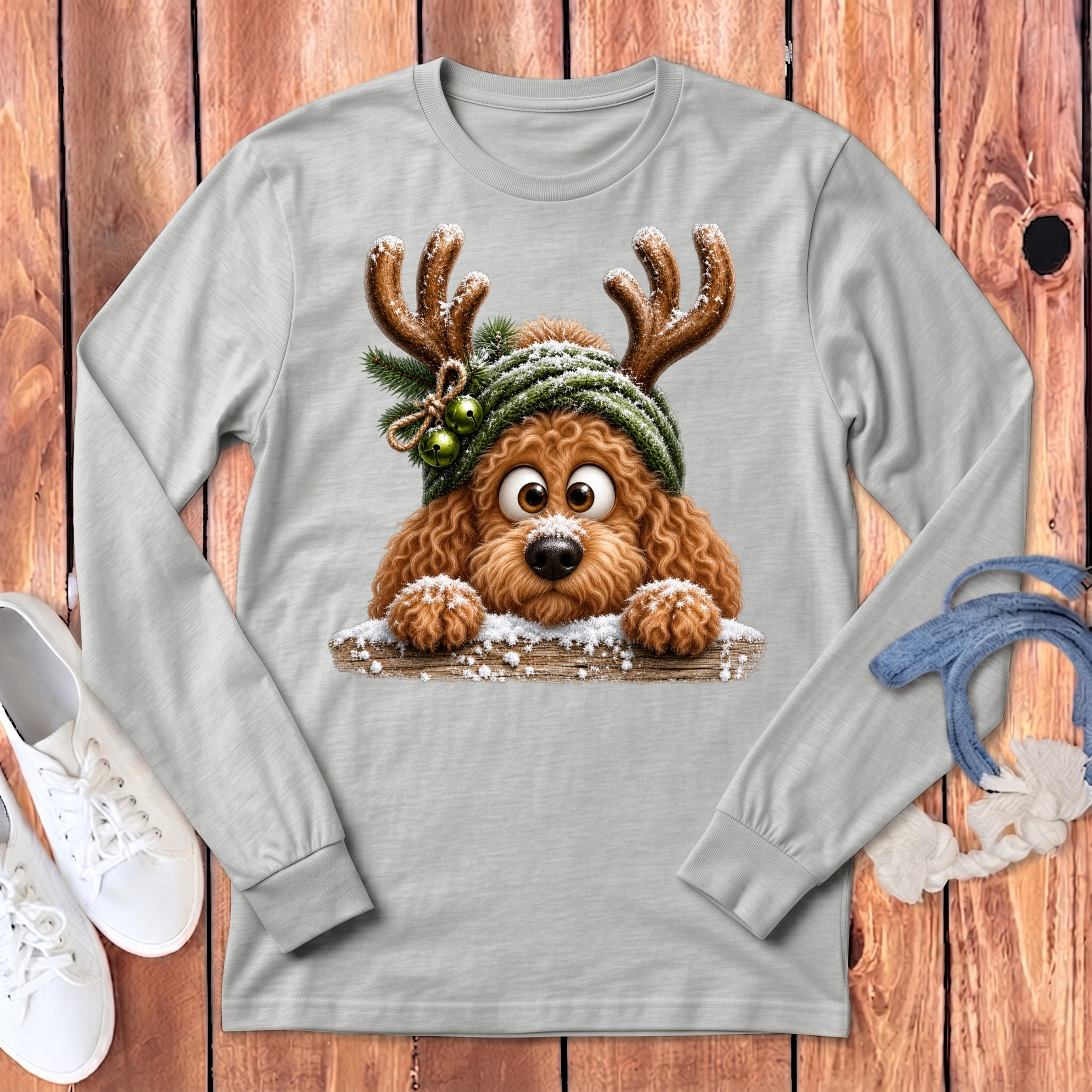 Light gray long-sleeve shirt with a cartoon dog wearing a Christmas beanie and antlers.