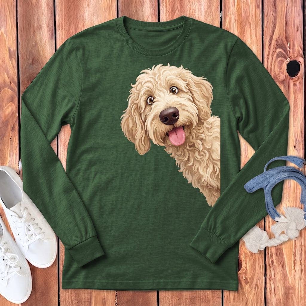 Green long-sleeved shirt with a cartoon goldendoodle dog illustration on the front.