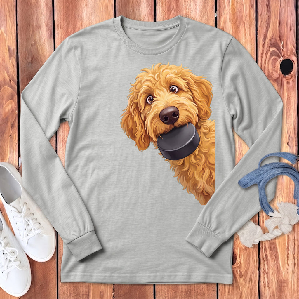 Golden Goldendoodle Hockey Puck Long Sleeve T-Shirt in Athletic Heather / S by Puppy Jo