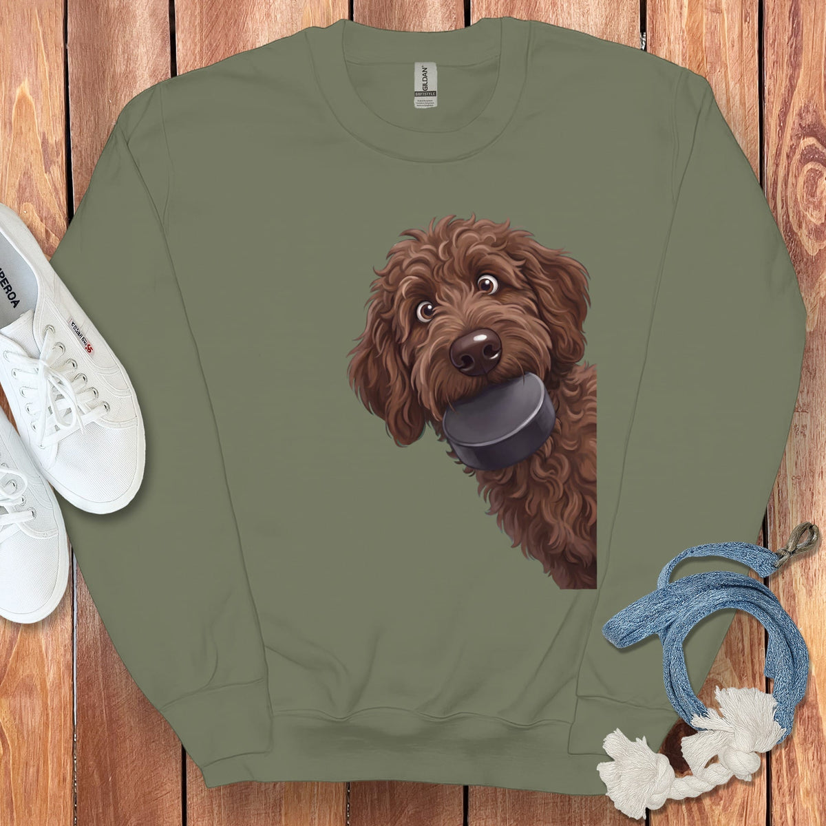 Chocolate Goldendoodle Hockey Puck Sweatshirt in Military Green / S by Puppy Jo