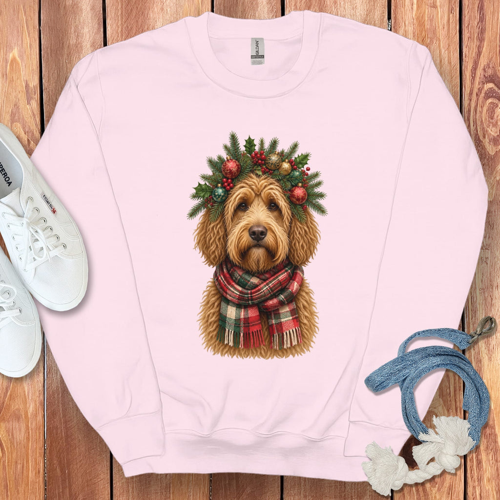 Golden Goldendoodle Holiday Crown Sweatshirt in Light Pink / S by Puppy Jo