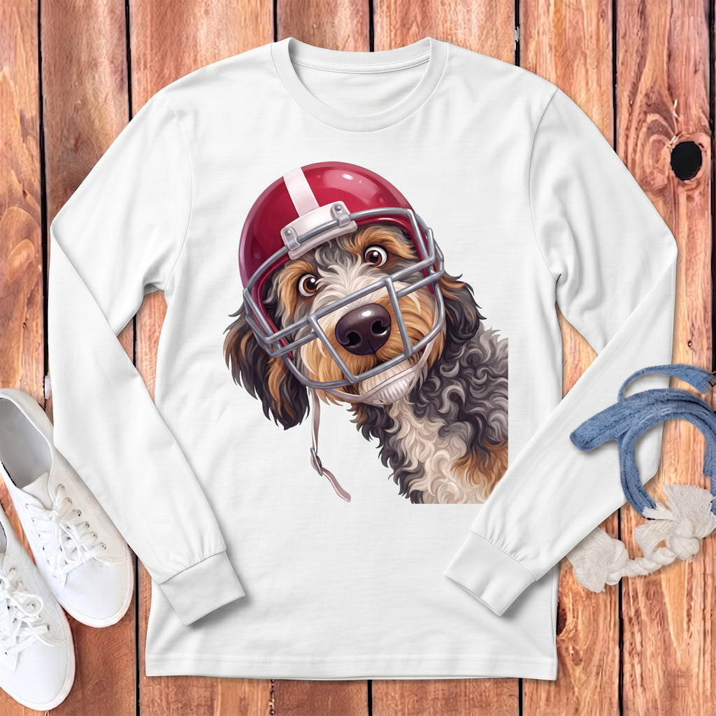 White long-sleeve shirt with a doodle-style dog wearing a football helmet.