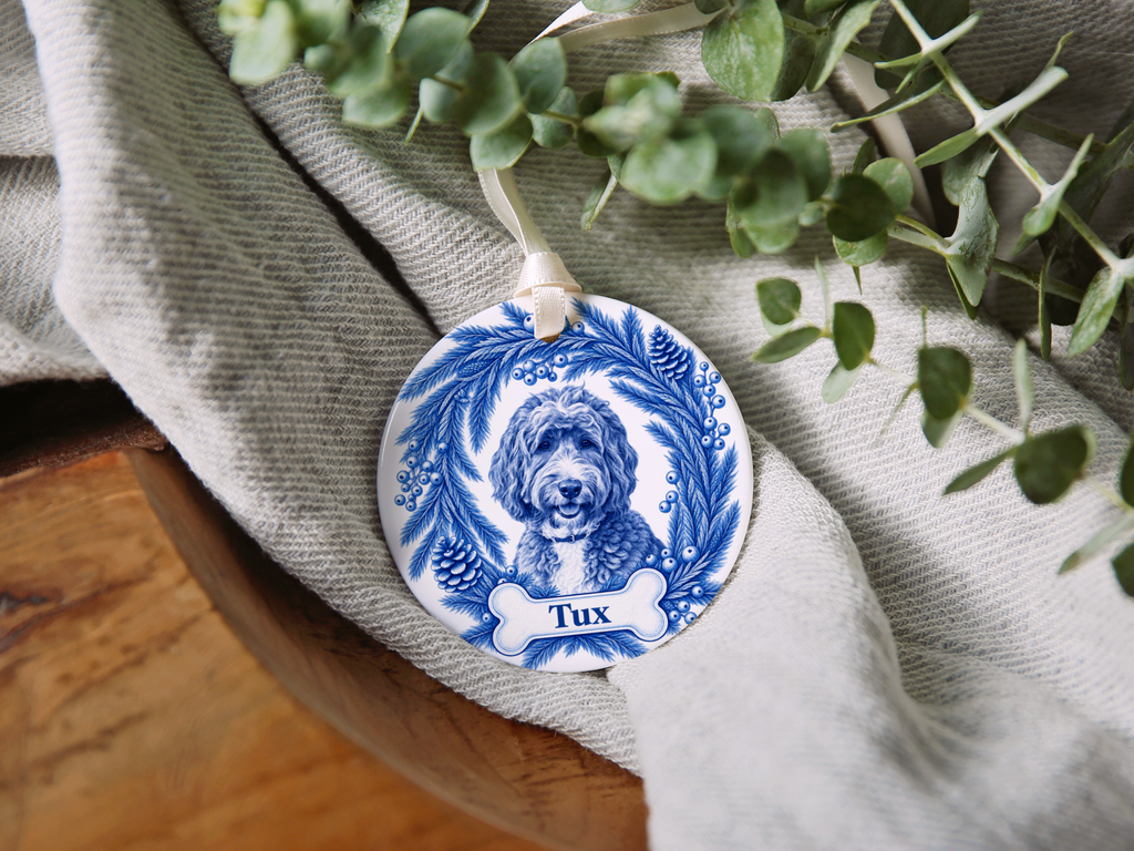 Custom Blue Toile Dog Ornament