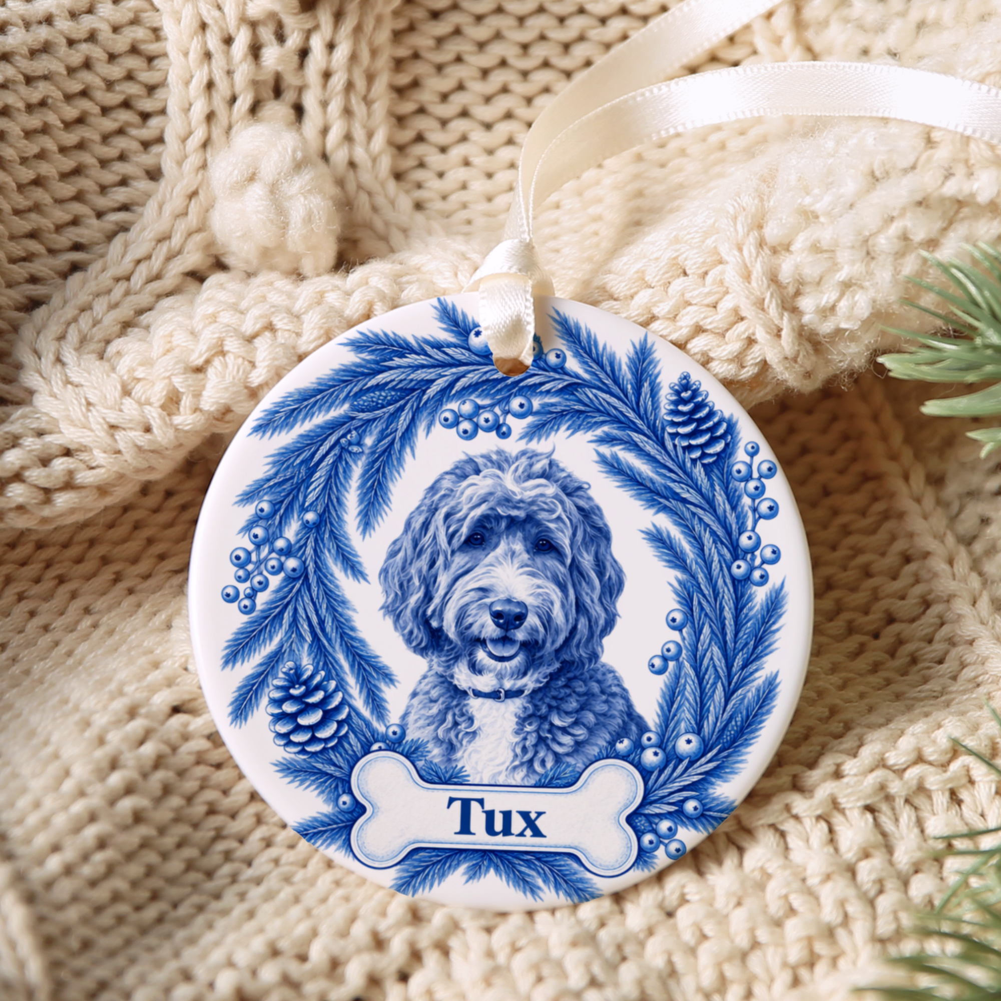 Custom Blue Toile Dog Ornament