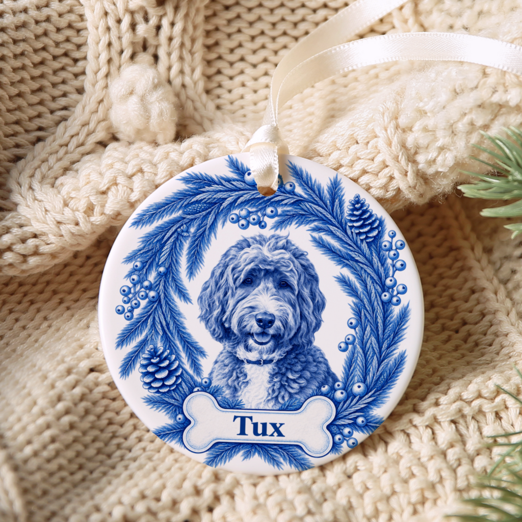 Custom Blue Toile Dog Ornament