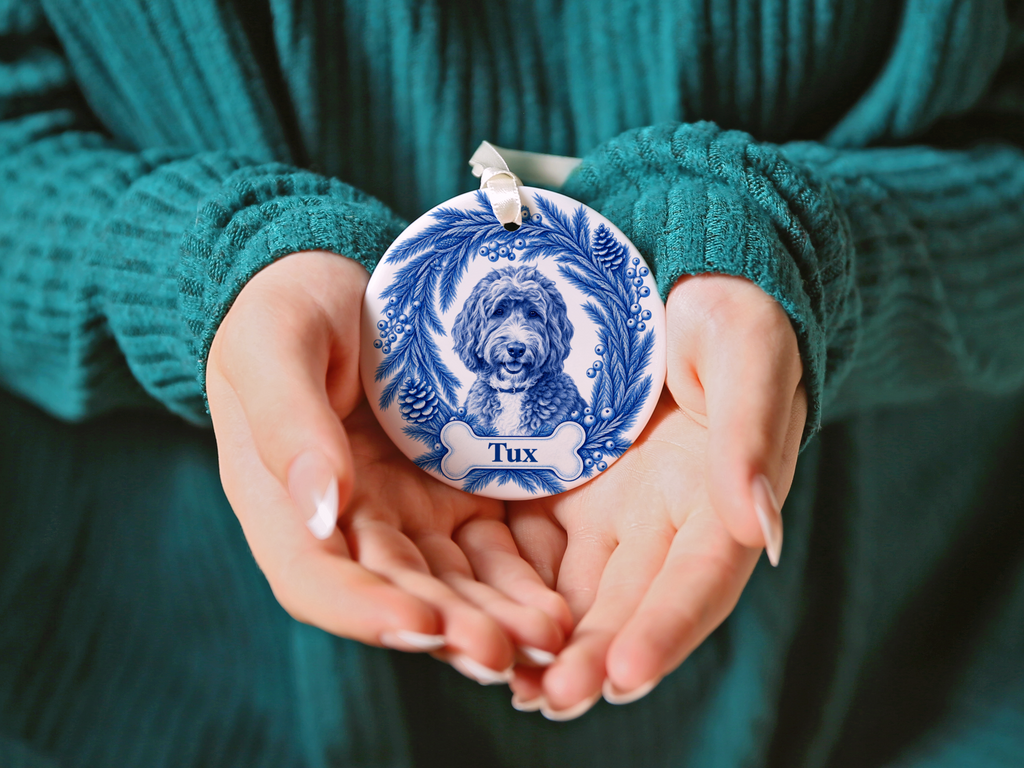 Custom Blue Toile Dog Ornament