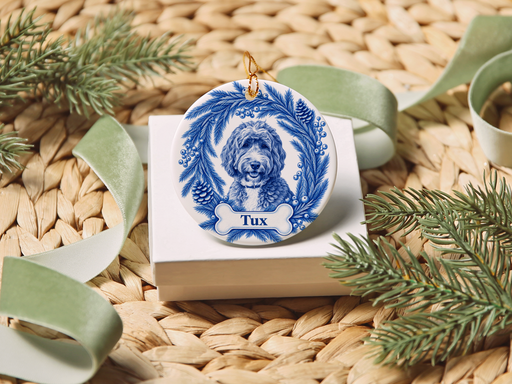 Custom Blue Toile Dog Ornament