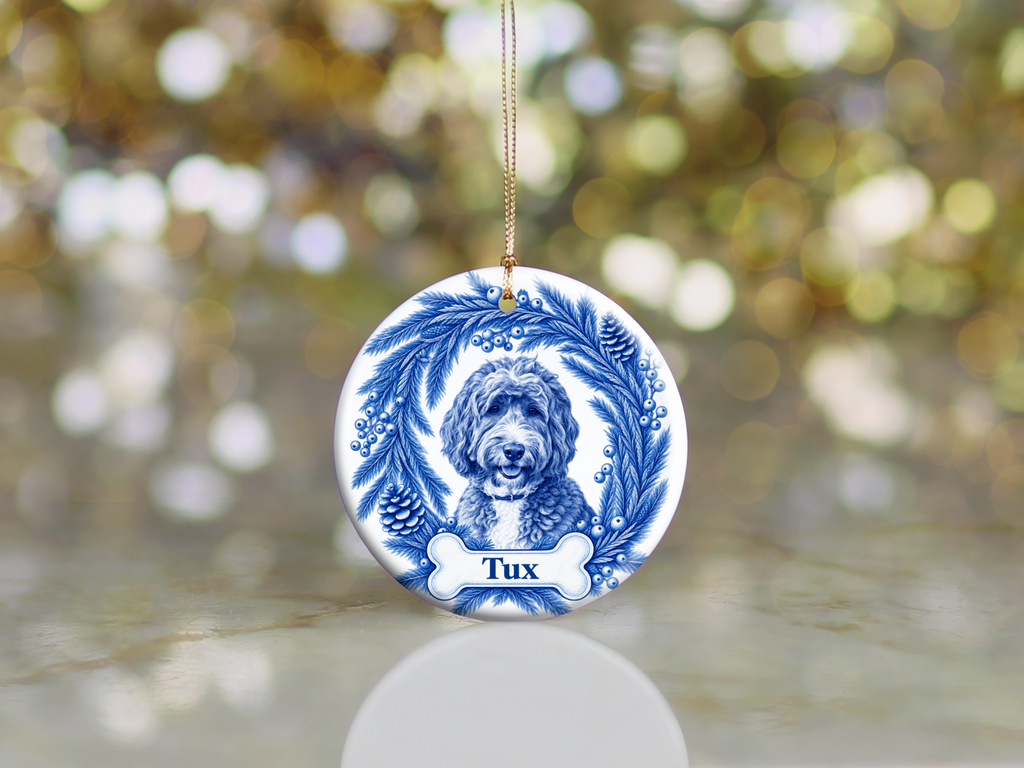 Custom Blue Toile Dog Ornament