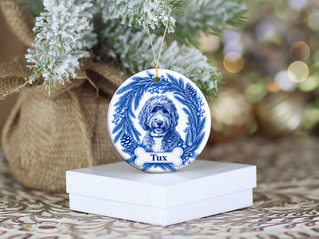 Custom Blue Toile Dog Ornament