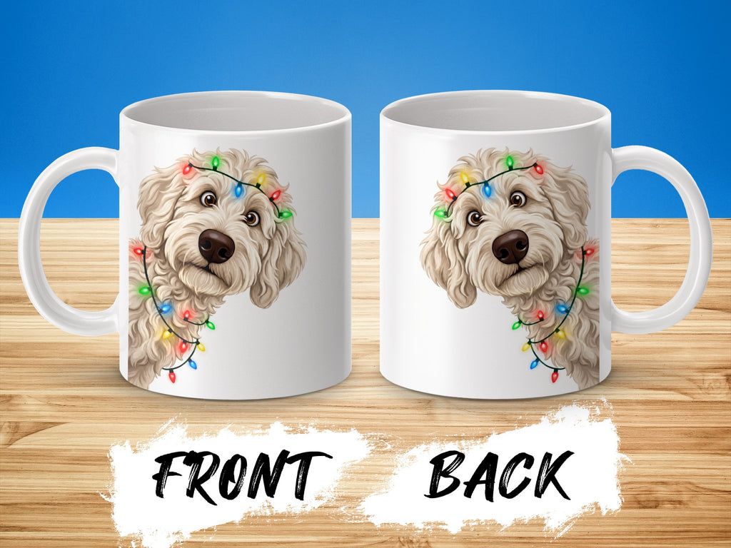 White mug with fluffy dog wearing festive lights, front and back view.