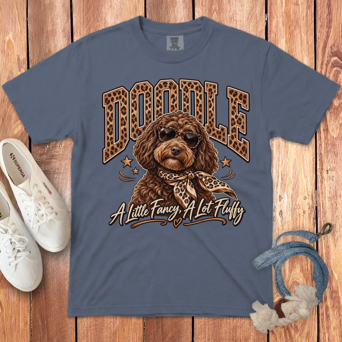 T-shirt with "DOODLE" and dog graphic "A Little Fancy, A Lot Fluffy".