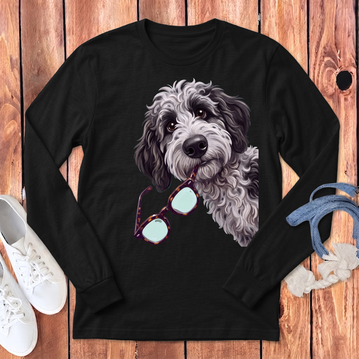 Black long-sleeved t-shirt featuring a graphic of a fluffy dog holding glasses in its mouth.
