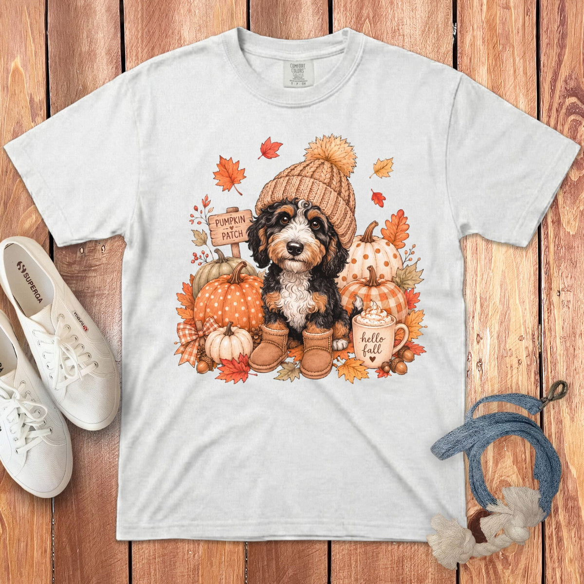 Bernedoodle Pumpkin Patch Signature T-Shirt in White / S by Puppy Jo
