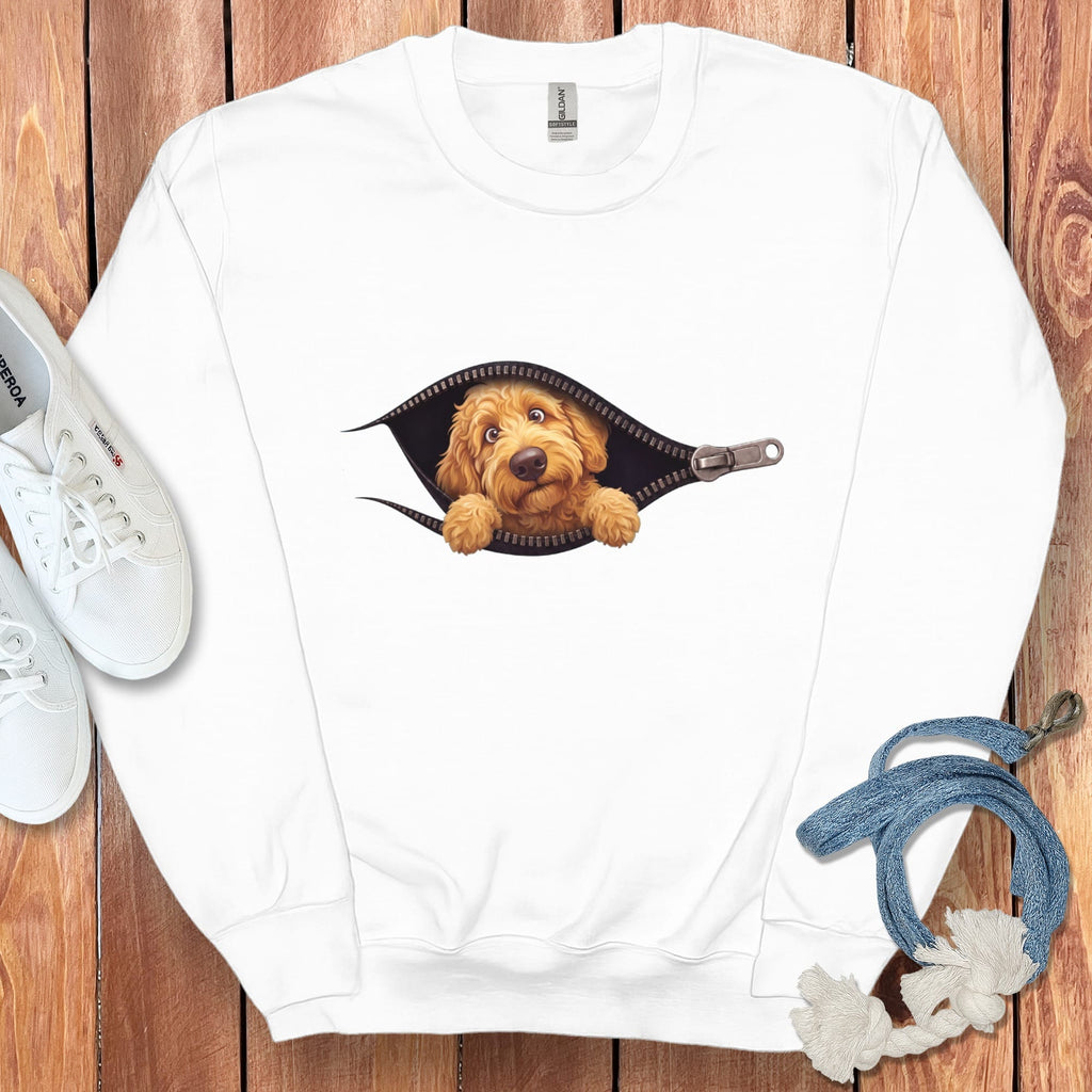 Golden Goldendoodle Peeking Zipper Sweatshirt in White / S by Puppy Jo