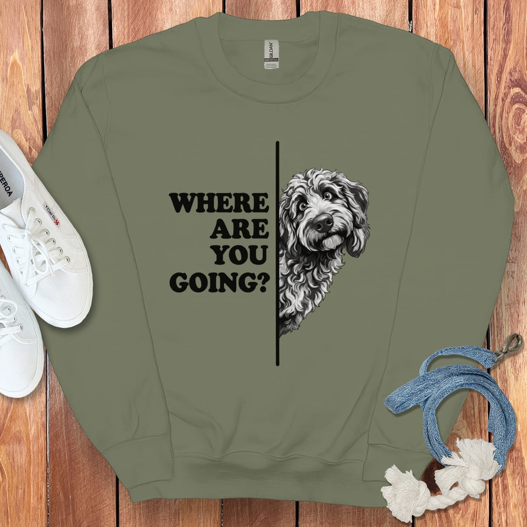 Where Going Merle Goldendoodle Sweatshirt in Military Green / S by Puppy Jo