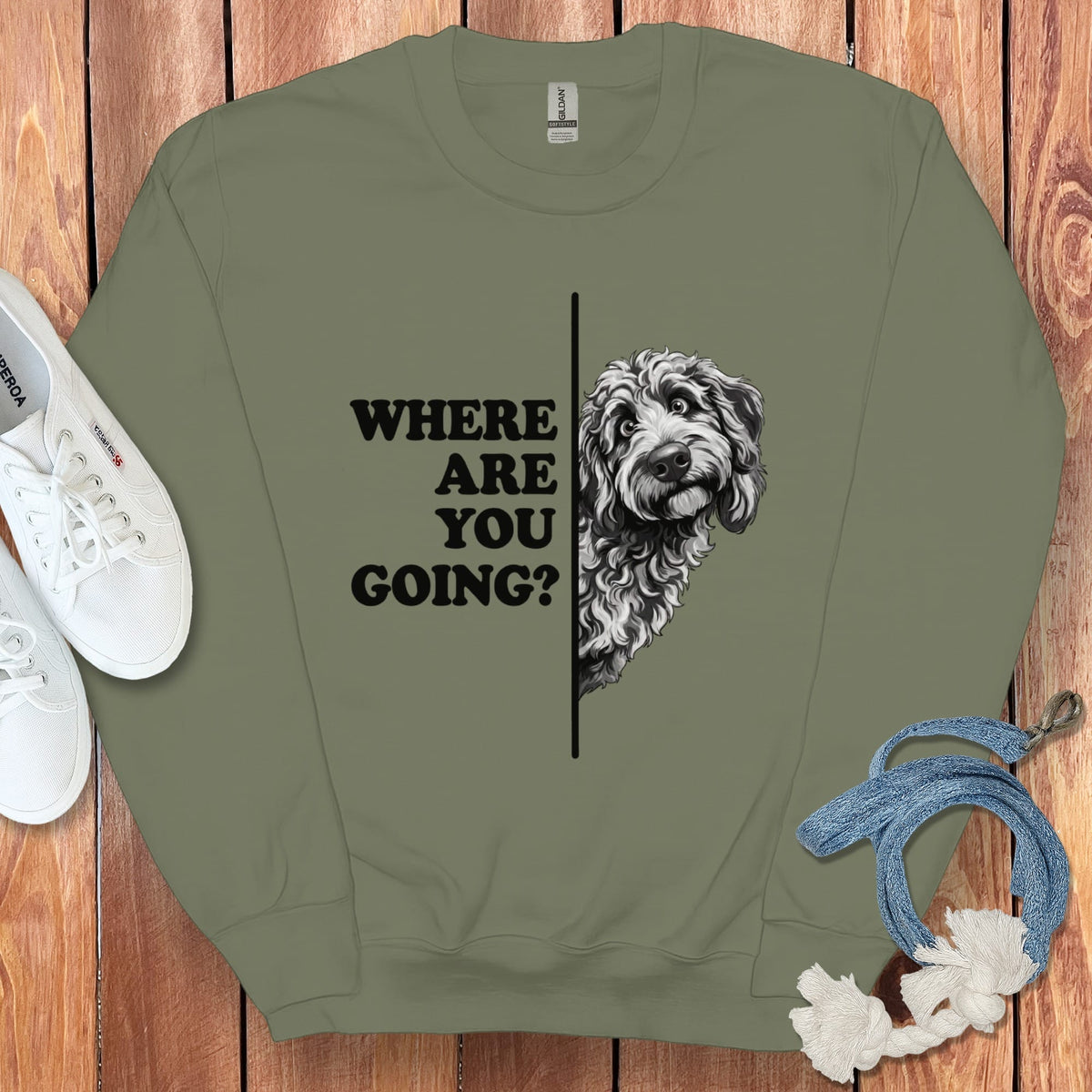 Where Going Merle Goldendoodle Sweatshirt in Military Green / S by Puppy Jo
