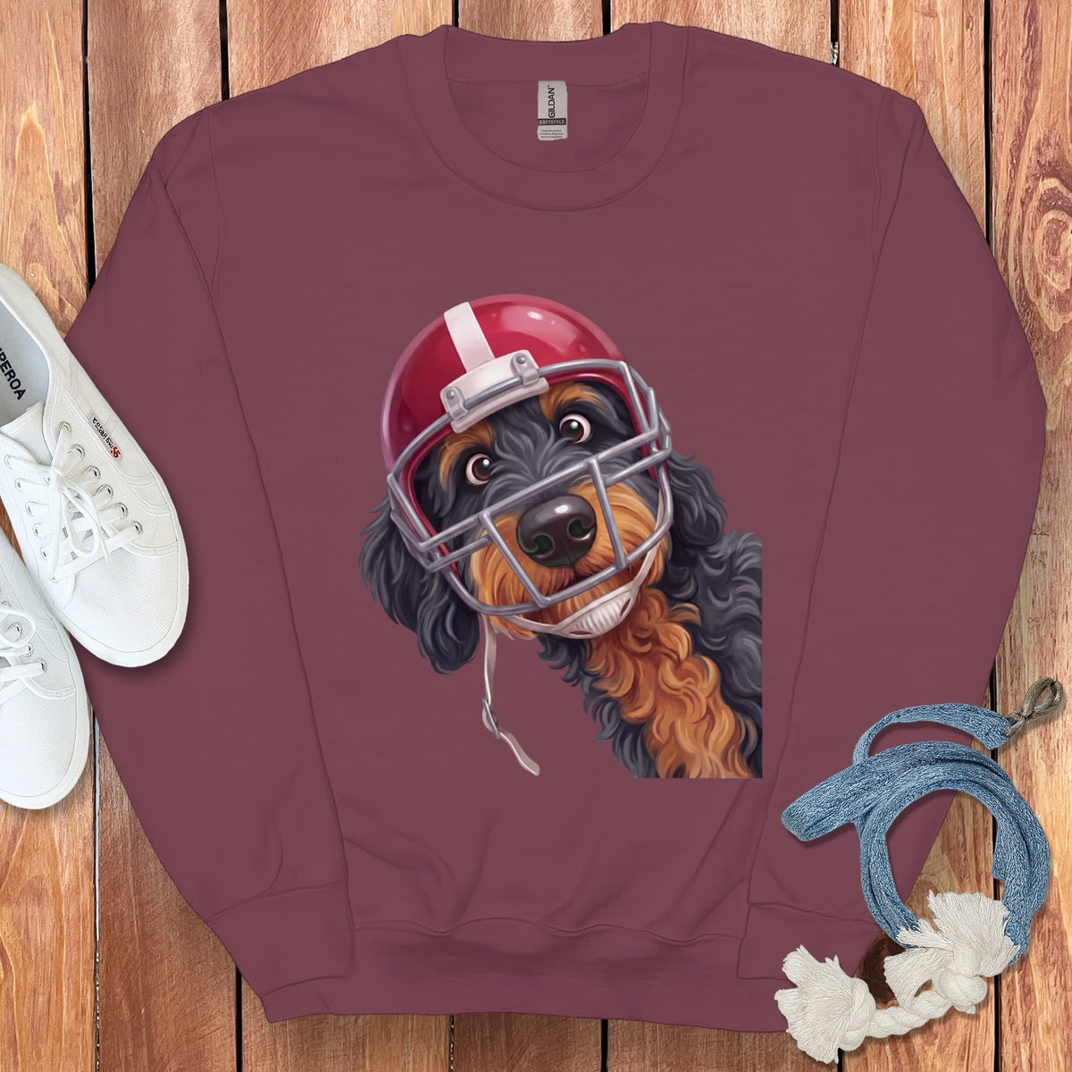 Phantom Goldendoodle Football Helmet Sweatshirt in Maroon / S by Puppy Jo