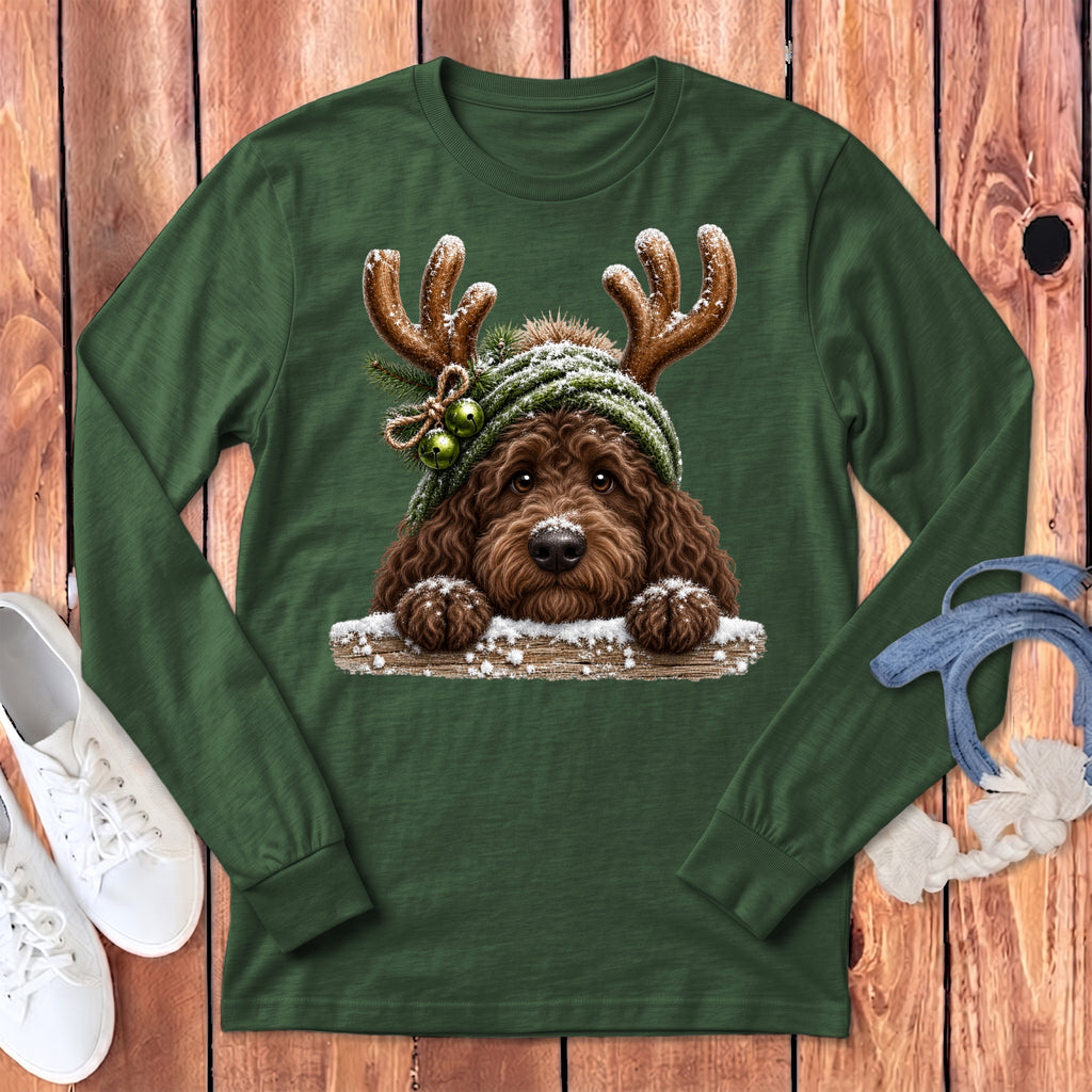 Dark green long-sleeve shirt with a brown dog wearing reindeer antlers and a hat.