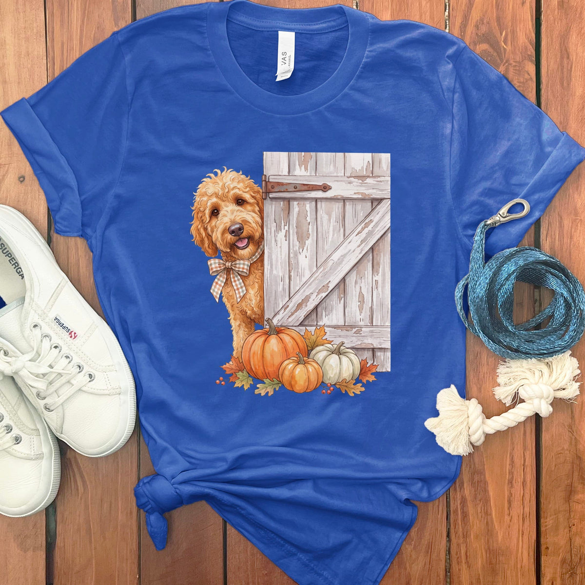 Golden Goldendoodle Barn Peeking T-Shirt in True Royal / S by Puppy Jo