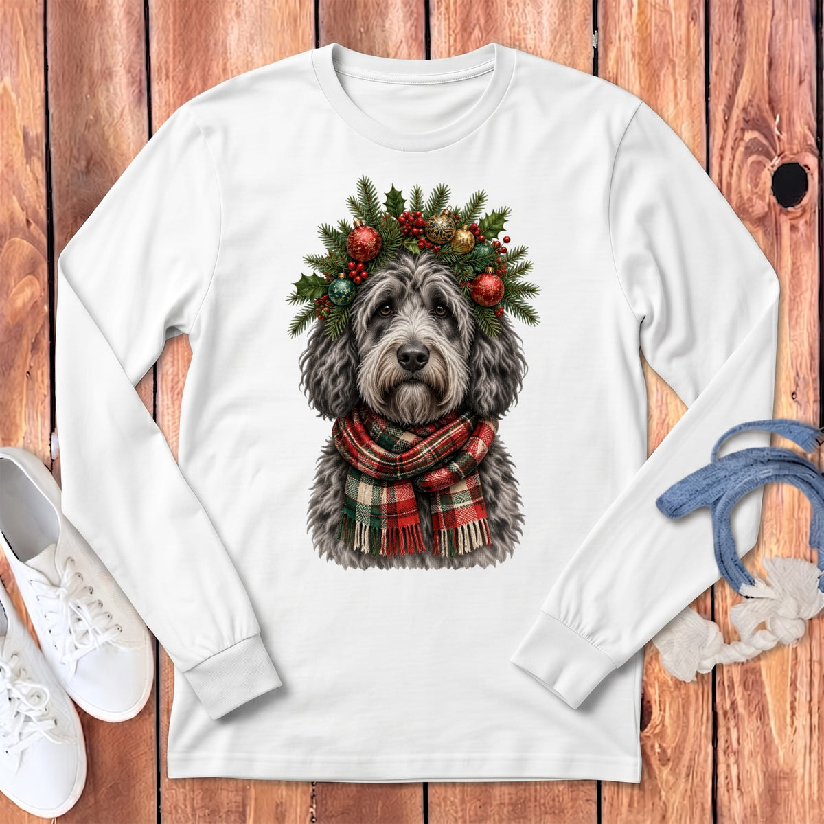 Merle Goldendoodle Holiday Crown Long Sleeve T-Shirt in White / S by MyDesigns