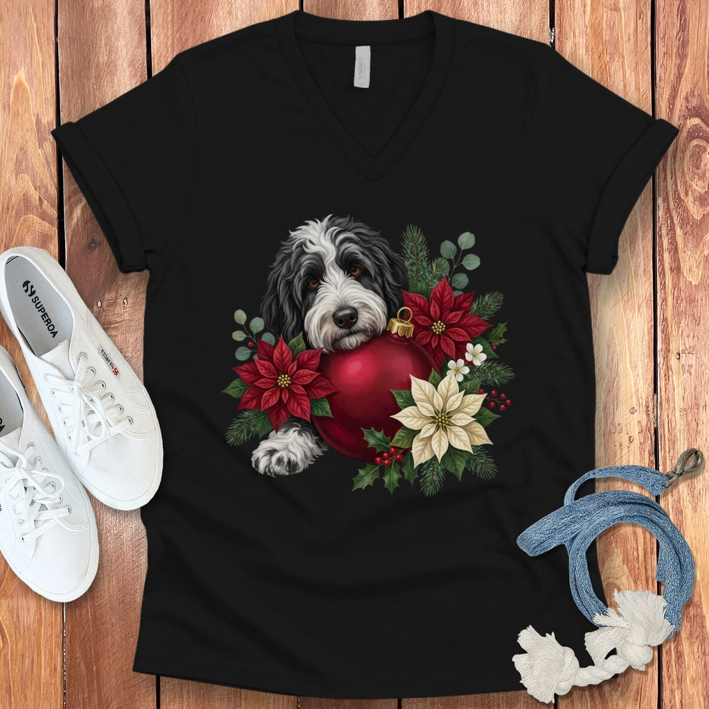 Sheepadoodle Holiday Cheer V-Neck T-Shirt in Black / S by Puppy Jo