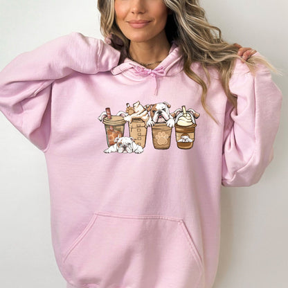 English Bulldogs and Coffee Hoodie Sweatshirt - PuppyJo Hoodie Light Pink / S