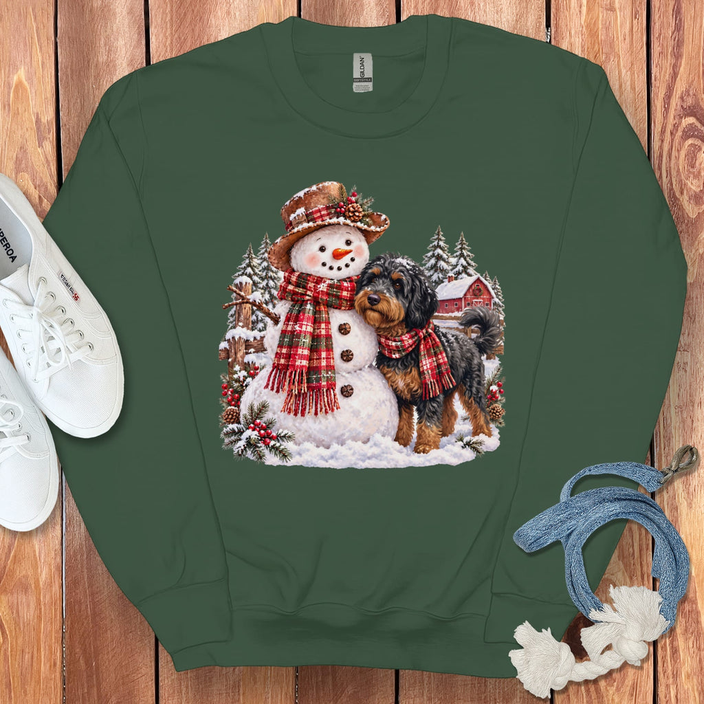 Phantom Goldendoodle Christmas Snowman Sweatshirt in Forest Green / S by Puppy Jo